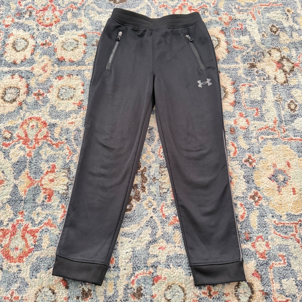 Under Armour Track Pants Boys Size 6 Black Zipper Pockets Athletic GUC*